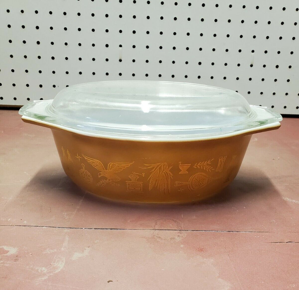 Pyrex Divided Casserole with Cover, Gold on Brown, Early American - Vintage  Grace