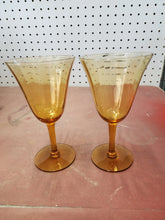 Vintage Pair Amber Glass Ribbed Pattern Wine/Water Goblets