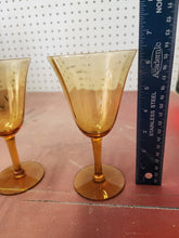 Vintage Pair Amber Glass Ribbed Pattern Wine/Water Goblets