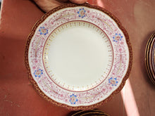 Antique White Porcelain Hand Painted Flowers & Filigree Red Rim Dinner Plate Set