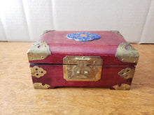 Vintage Chinese Cherry Wood Enamel Flower Motif Jewelry Box w/ Brass Hardware