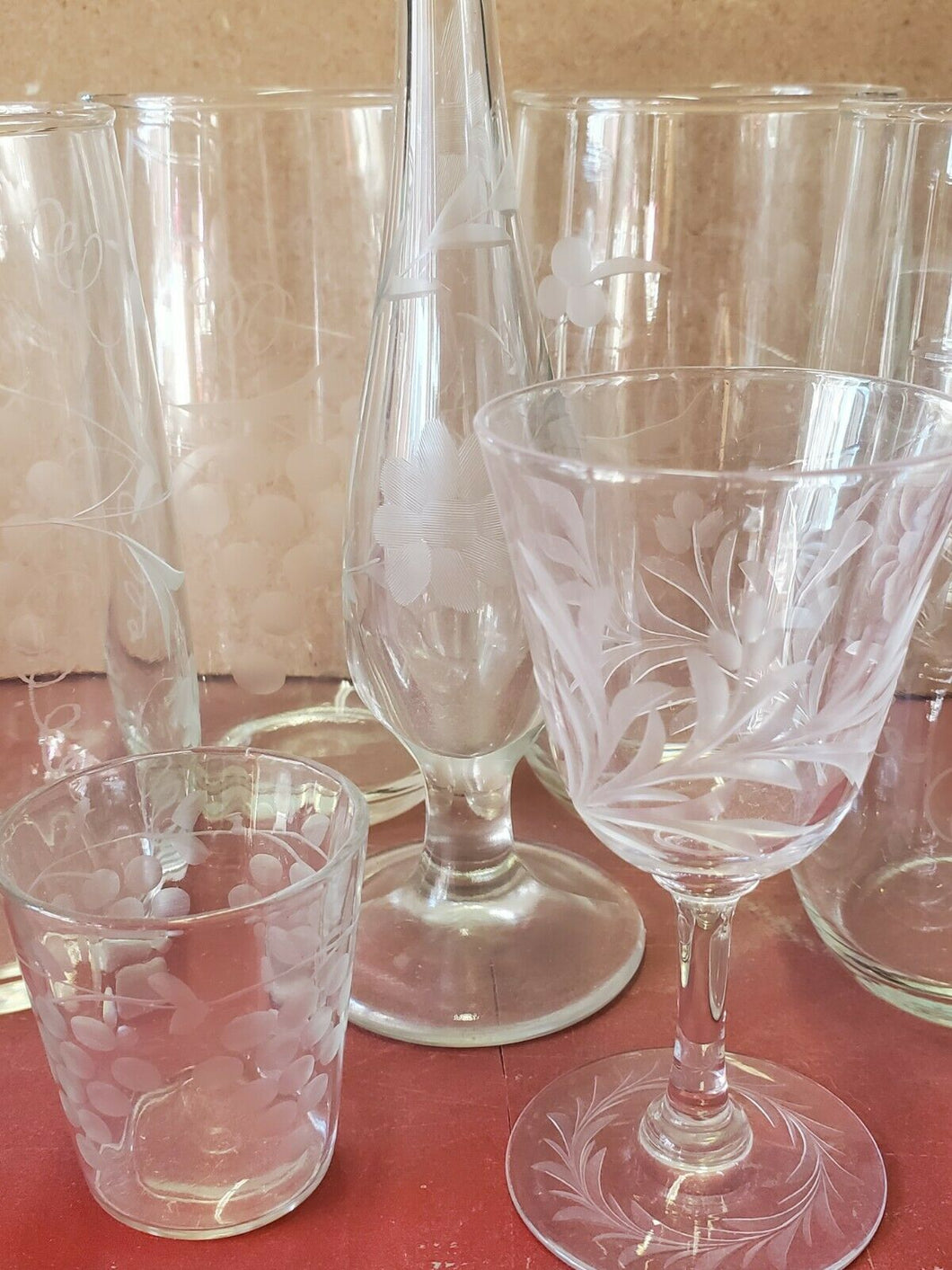5 Vintage Etched Tall Wine Glasses ~ Water Goblets, 1950's Etched