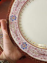 Antique White Porcelain Hand Painted Flowers & Filigree Red Rim Dinner Plate Set