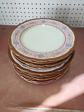 Antique White Porcelain Hand Painted Flowers & Filigree Red Rim Dinner Plate Set