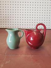 Vintage Pair Of Small Ceramic Creamer Pitchers Unique Red And Sea Foam Green