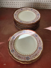 Antique White Porcelain Hand Painted Flowers & Filigree Red Rim Dinner Plate Set