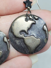 Vintage Sterling Silver Handmade Repousse Globe Earth Disc Dangle Earrings