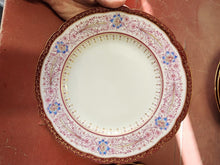 Antique White Porcelain Hand Painted Flowers & Filigree Red Rim Dinner Plate Set