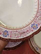 Antique White Porcelain Hand Painted Flowers & Filigree Red Rim Dinner Plate Set