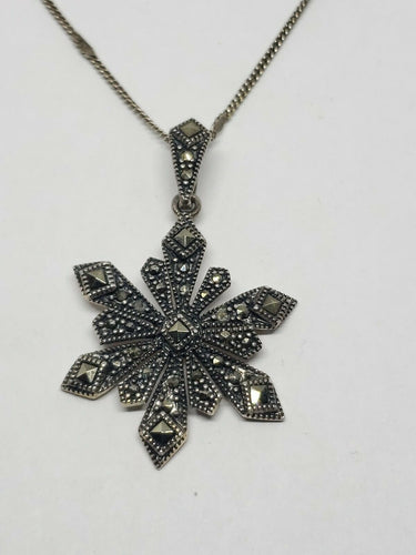 Sterling Silver Marcasite Snowflake Necklace Stamped Cabel Chain Flat Link...