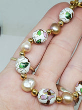 Vintage Gold Tone Cloisonne And Genuine Cultured Freshwater Pearl Bracelet