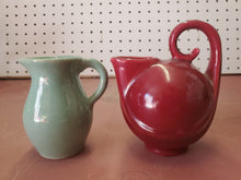 Vintage Pair Of Small Ceramic Creamer Pitchers Unique Red And Sea Foam Green
