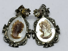 Antique Victorian 900 Silver Carved Mother Of Pearl Cameo Marcasite Earrings