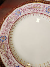 Antique White Porcelain Hand Painted Flowers & Filigree Red Rim Dinner Plate Set